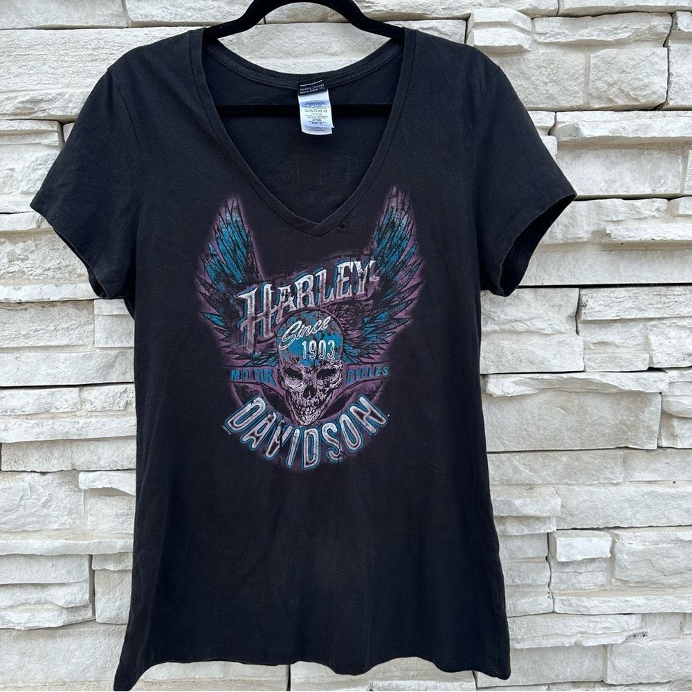 HARLEY-DAVIDSON H-D Pig Trail Pink Purple Skull Wings Graphic V Neck Womens XL